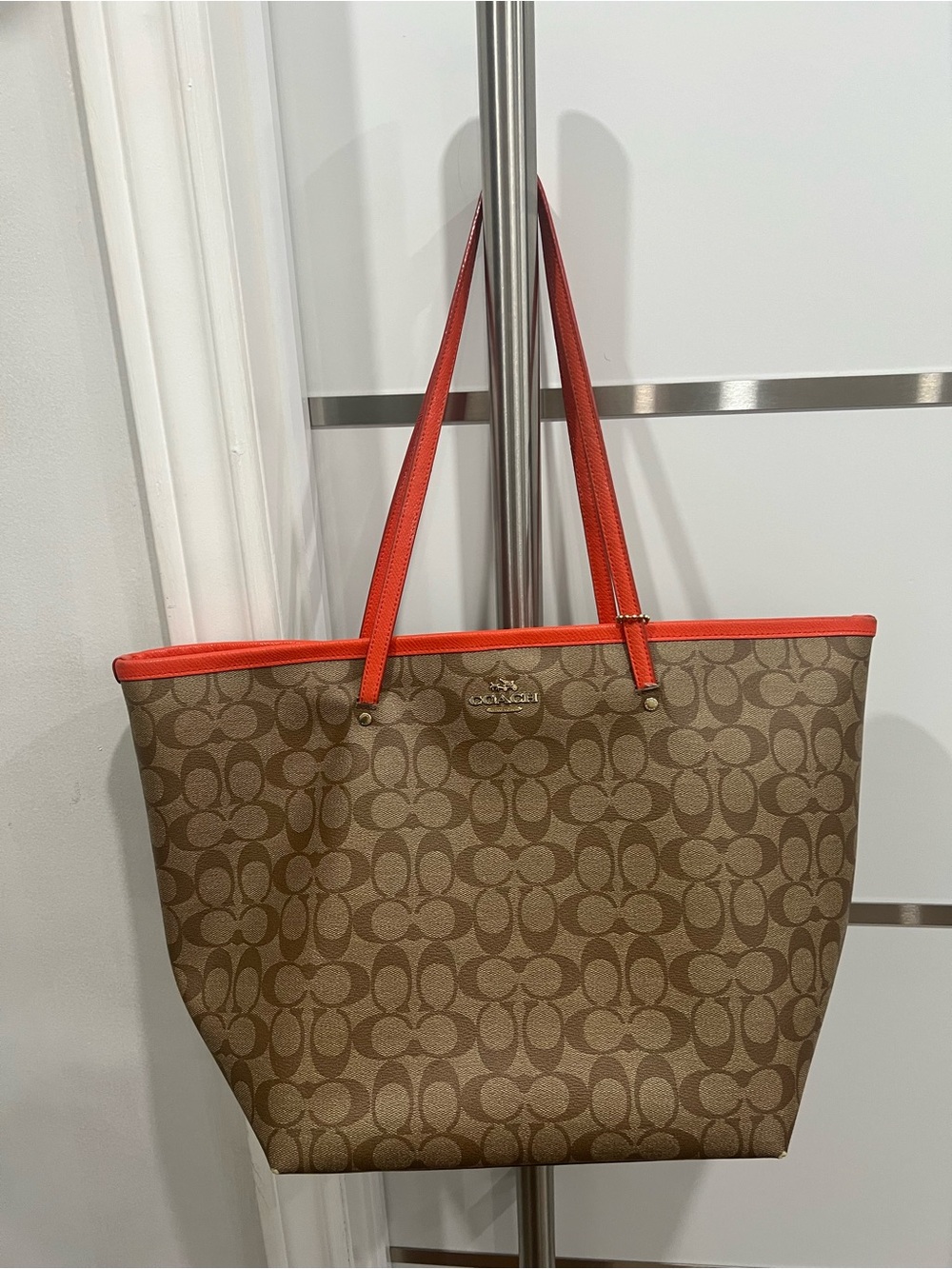Coach Brown Signature Canvas Tote with Coral Trim